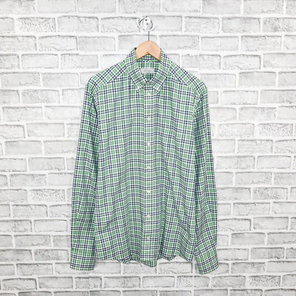 ETON Men's Slim fit Button up Shirt in Green Blue plaid check cotton size L